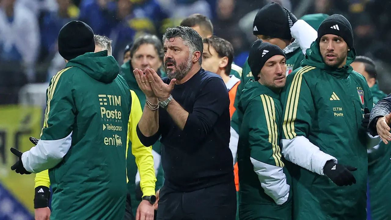 Ekspresi Gennaro Gattuso ketika memimpin Timnas Italia menghadapi Timnas Bosnia dan Herzegovina di final Play-off Piala Dunia 2026 di Bilino Polje, Zenica, Rabu (01/04/2026) dini hari WIB.