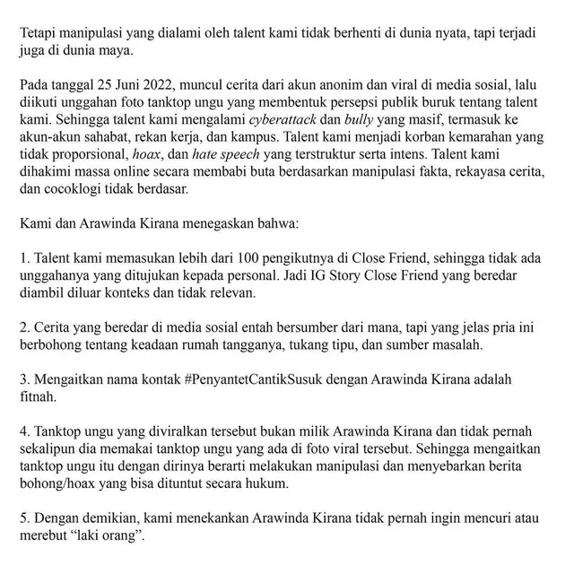 Klarifikasi Kite Entertainment soal Arawinda Kirana dituding pelakor. (Foto: Dok. Instagram @kite.entertainment)