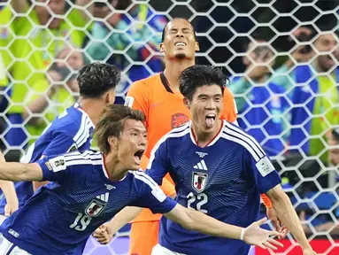 Pemain Jepang merayakan gol ke gawang Belanda dalam laga pertama Grup F Piala Dunia 2026. Bermain di Dallas Stadium, Senin (15/6/2026) dini hari WIB. (AP Photo/Julio Cortez)