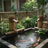 Ilustrasi Kolam Ikan Mini dengan Ornamen Bambu/Gemini AI