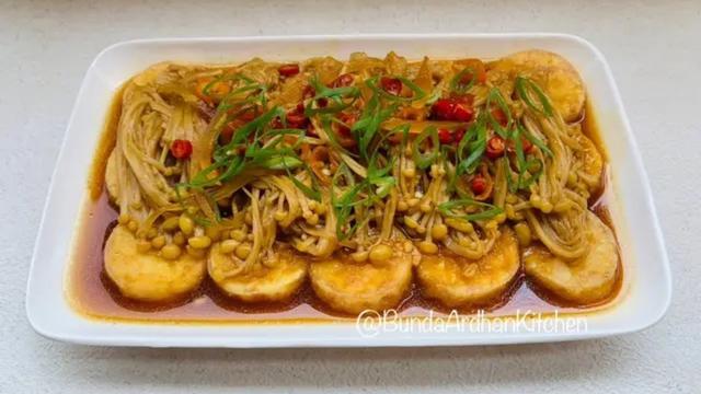 Resep tahu siram jamur enoki. (dok. Cookpad @BundaArdhanKitchen)