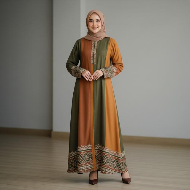1. Gamis Abaya Earth Tone dengan Aksen Bordir Geometris