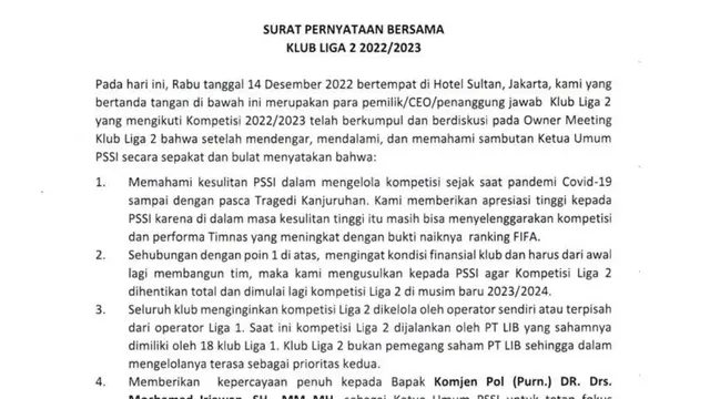 Surat PT LIB untuk PSSI terkait rekomendasi Liga 2