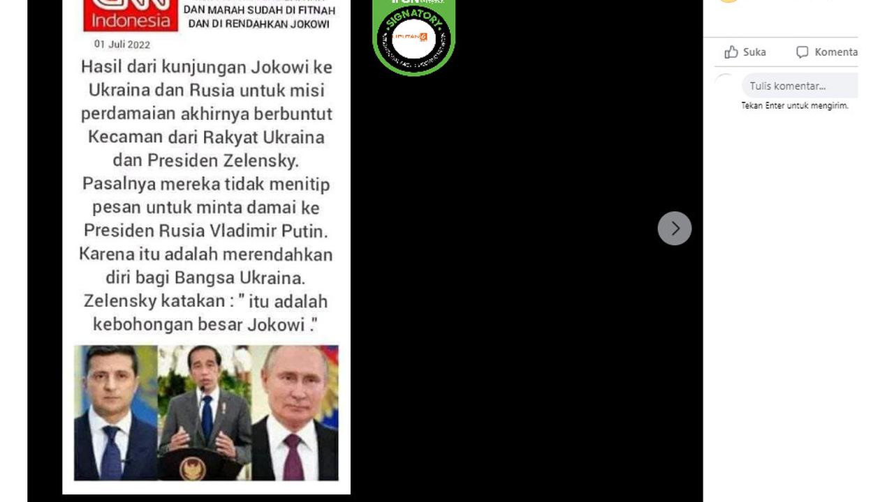 Tangkapan layar klaim tulisan CNN Indonesia yang menyebutkan Presiden Zelensky dan Rakyat Ukraina marah sudah difitnah dan direndahkan Jokowi