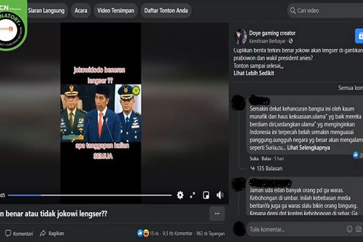 Gambar Tangkapan Layar Kabar Hoaks Jokowi Lengser dari Kursi Presiden dan Digantikan oleh Prabowo Subianto (sumber: Facebook).