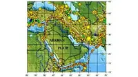 Lempeng Arab (ditandai dengan garis merah pada peta) terus bergerak ke utara, bertumbukan dengan Lempeng Eurasia dan menyebabkan aktivitas seismik tinggi di wilayah perbatasan. (archive.org)