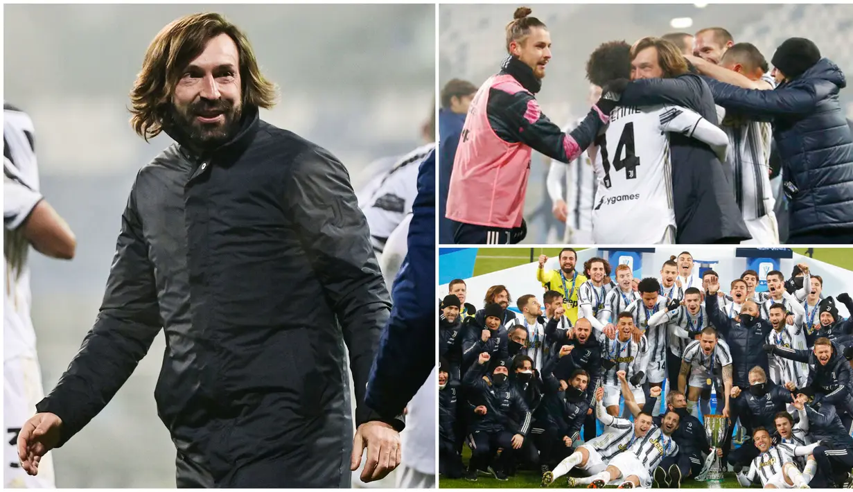 Raut wajah bahagia terpancar dari pelatih Juventus, Andrea Pirlo, usai tim besutannya berhasil menaklukkan Napoli pada laga final Piala Super Italia. Trofi tersebut merupakan yang pertama bagi Pirlo sebagai pelatih.