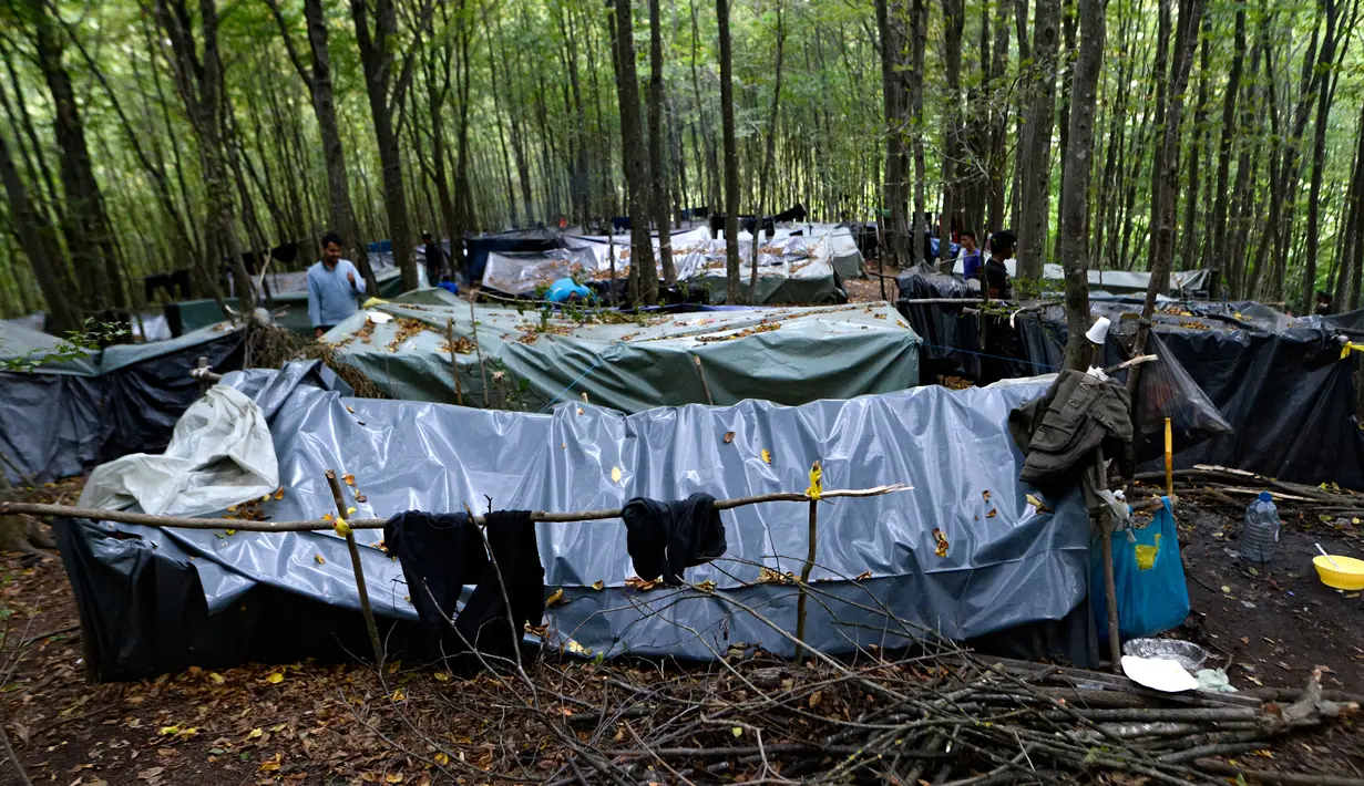 Para migran berjalan di antara tenda-tenda yang dibuat seadanya di kamp darurat di hutan di luar Velika Kladusa, Bosnia pada 25 September 2020. Bosnia menjadi salah satu tempat singgah para imigran dan pengungsi dalam perjalanannya ke Eropa Barat. (AP Photo/Kemal Softic)
