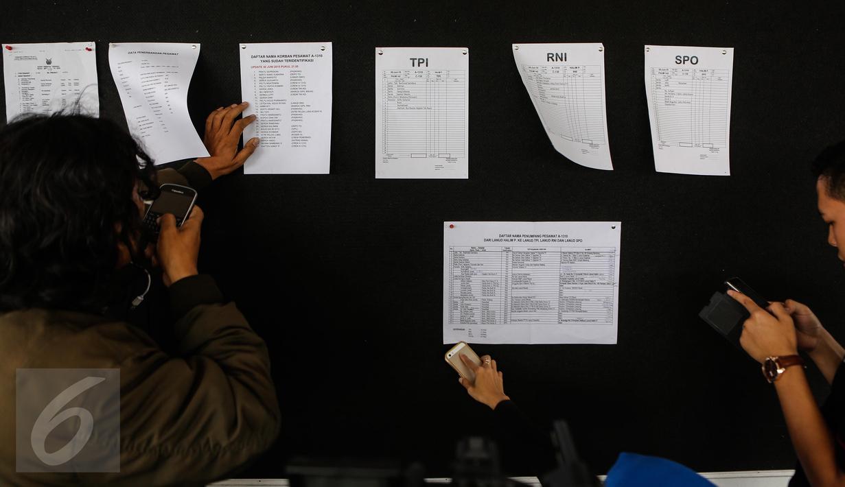 Para awak media berkumpul di depan papan yang berisi daftar nama korban jatuhnya pesawat Hercules C-130 di Medan pada 30 Juni 2015, yang sudah berhasil diidentifikasi, di Lanud Halim Perdanakusuma, Jakarta, Rabu (1/7/2015). (Liputan6.com/Faizal Fanani)