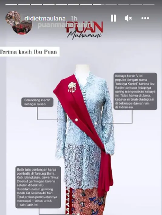 <p>Detail tampilan Puan Maharani kemudian diketahui diciptakan oleh desainer kenamaan tanah air Didiet Maulana, berkolaborasi dengan makeup artist Bubah Alfian. Melalui unggahan di story akun Instagramnya @didietmaulana, Didiet Maulana berbagi cerita tentang detail kebaya dan batik yang dikenakan oleh Puan Maharani.</p>