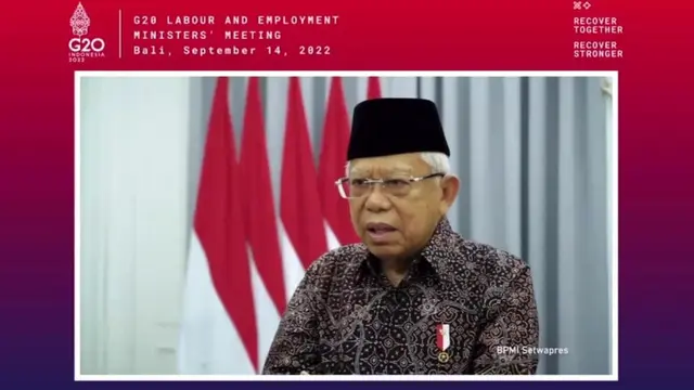 Wakil Presiden (Wapres) K.H. Ma’ruf Amin dalam acara Pertemuan G20 Labour and Employment Ministers’ Meeting yang diselenggarakan di Bali secara virtual, Rabu (14/9/2022).