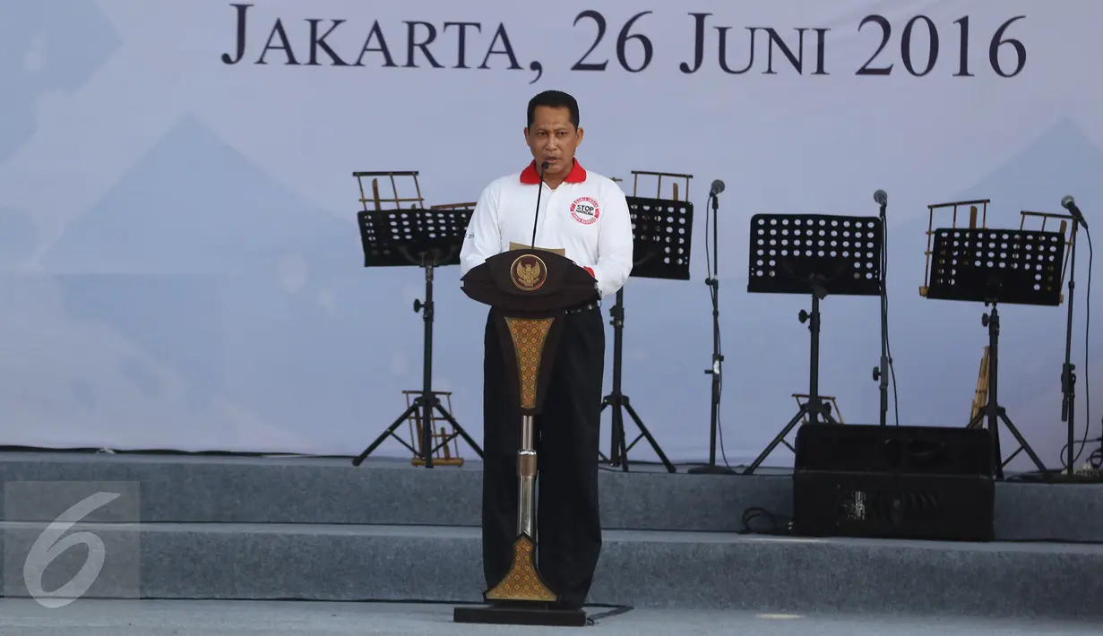 Kepala Badan Narkotika Nasional (BNN), Komjen Budi Waseso berpidato saat Hari Anti Narkotika Internasional (HANI),Jakarta, (26/06). Peringatan HANI merupakan wujud keprihatinan sekaligus kepedulian terhadap ancaman narkoba. (Liputan6.com/ Herman Zakharia)