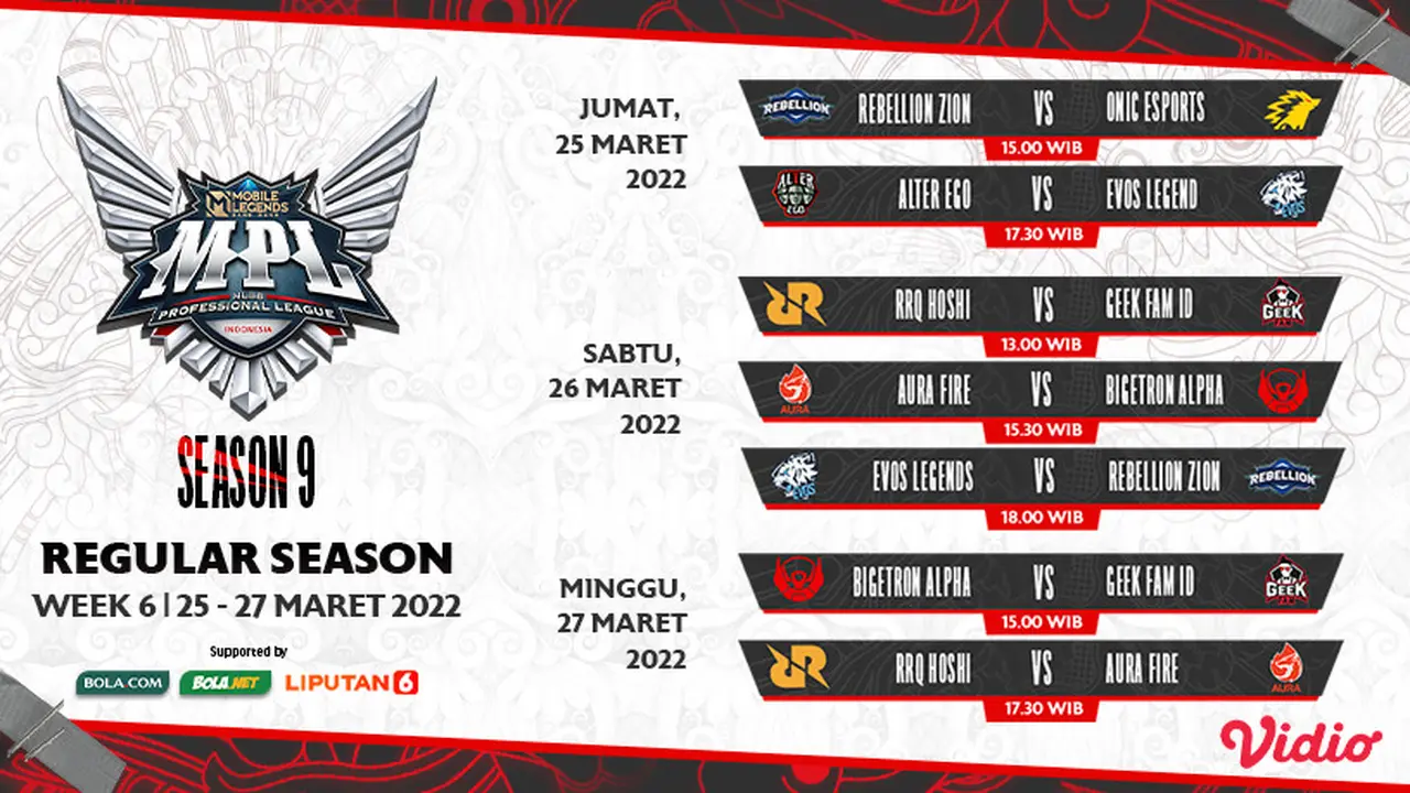 Saksikan Live Streaming Pertandingan MPL ID Season 9 Pekan Keenam di Vidio