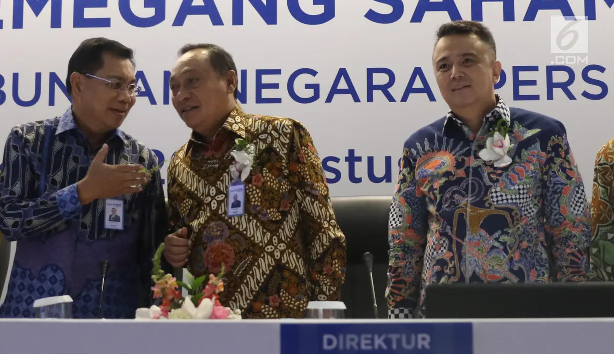 Direktur Utama PT Bank Tabungan Negara (Persero) Tbk. Maryono dan Komisaris utama, Asmawi Syam bersiap mengikuti Rapat Umum Pemegang Saham Luar Biasa (RUPSLB) di Menara Bank BTN, Jakarta, Kamis (29/8/2019).  (Liputan6.com/Angga Yuniar)