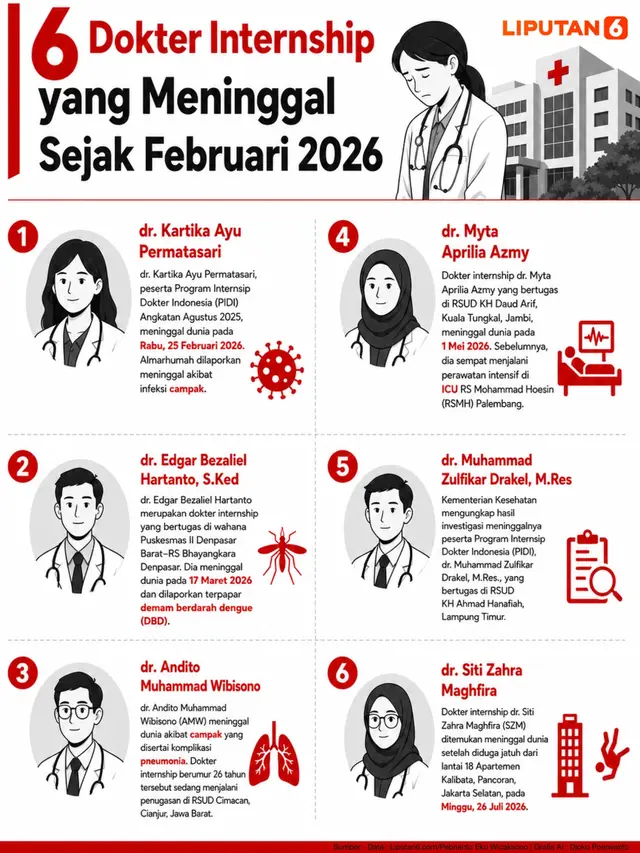 Infografis 6 Dokter Internship yang Meninggal Sejak Februari 2026.