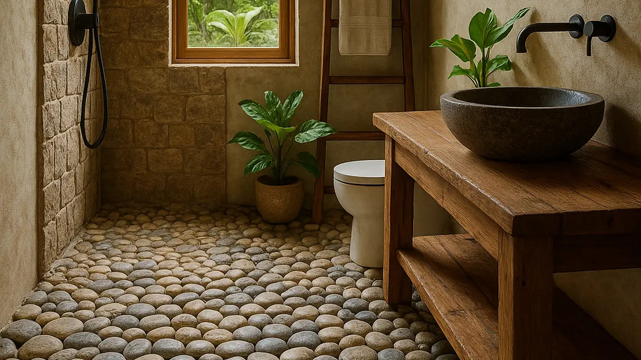 Model Kamar Mandi dengan Lantai Batu Kerikil (Image by ChatGPT)