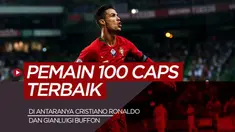 Berita motion grafis pemain timnas terbaik dengan 100 caps, Gianluigi Buffon hingga Cristiano Ronaldo.