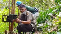 Personel BBKSDA Riau memasang kamera pengintai di lokasi konflik harimau sumatra dengan manusia. (Liputan6.com/Dok BBKSDA Riau)