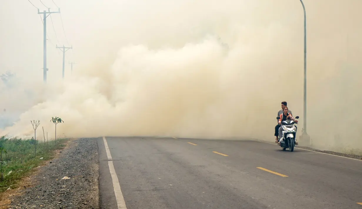 Sepasang warga mengendarai sepeda motor menerobos kabut asap tebal akibat kebakaran hutan dan lahan di Kabupaten Barito Kuala, Kalimantan Selatan, Sabtu (10/10/2026). Kabut asap menyelimuti sejumlah wilayah di Indonesia, Malaysia, dan Singapura selama beberapa pekan terakhir akibat kebakaran yang melanda kawasan hutan di Kalimantan dan Sumatra. Asap kebakaran terbawa angin hingga melintasi wilayah regional dan berdampak pada kualitas udara. (MUDA SAGALA/AFP)