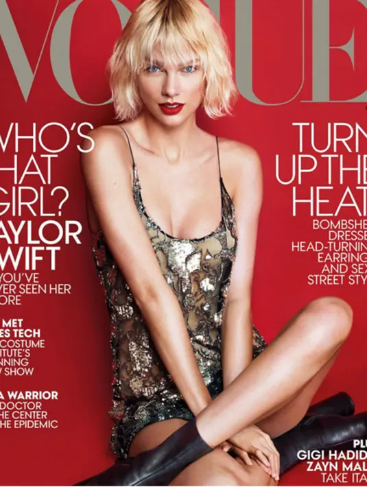 Taylor Swift tampil seksi dalam sampul majalah Vogue edisi May. Ia mengenakan dress merah mini lalu memadupadankan sepatu boots hitam yang berhasil memperlihatkan kaki jenjangnya. (viainstagram@voguemagazine.com)