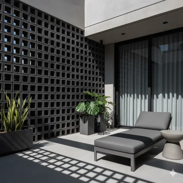 Teras Rumah Modern dengan Dinding Roster Tembus Cahaya (Image by Gemini AI)