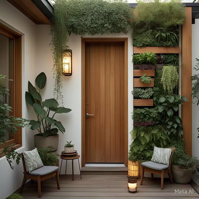 Teras Minimalis dengan Elemen Kayu dan Tanaman Hijau. Model teras rumah minimalis pintu samping masa kini