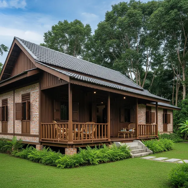 Rumah Kampung Kombinasi Kayu dan Bata Ekspos (Gemini AI)