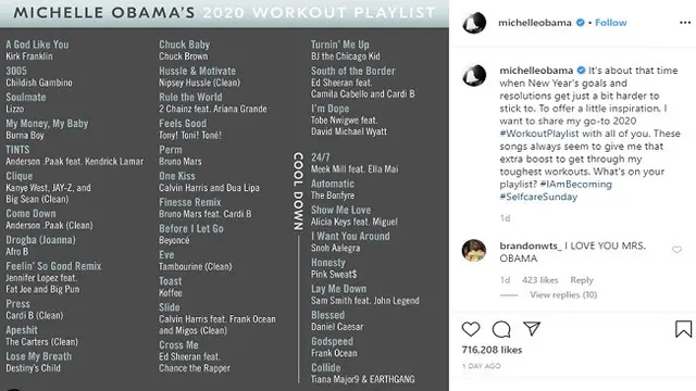 Ini beberapa lagu yang didengarkan oleh Michelle Obama saat berolahraga (Tangkapan Layar Instagram)