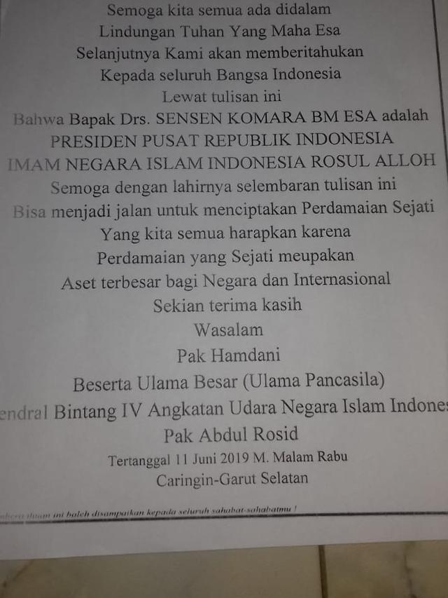 Berikut teks pernyataan pengikut nabi palsu Sensen yang menyatakan pemimpinnya sebagai Presiden Pusat Republik Indonesia