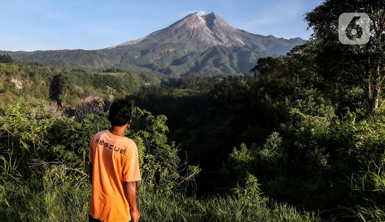 Seorang pria terlihat memantau aktivitas gunung merapi dari Lapangan Stiper, Glagaharjo, Cangkringan, Sleman, Kamis (19/11/2020). Status Gunung Merapi sudah dinaikkan pada 5 November 2020 lalu dari waspada level II menjadi siaga level III. (Liputan6.com/Johan Tallo)