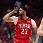 Selebrasi Anthony Davis saat Pelicans kalahkan Blazers di gim keempat play-off NBA (AP)