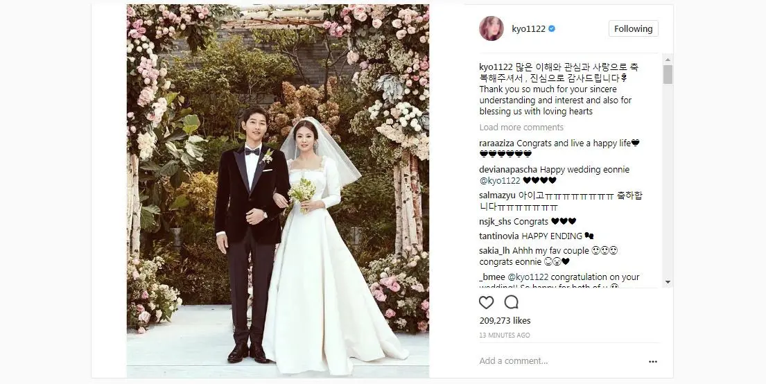 Song Hye Kyo bahagia dengan pernikahannya dan Song Joong Ki [foto: Instagram]