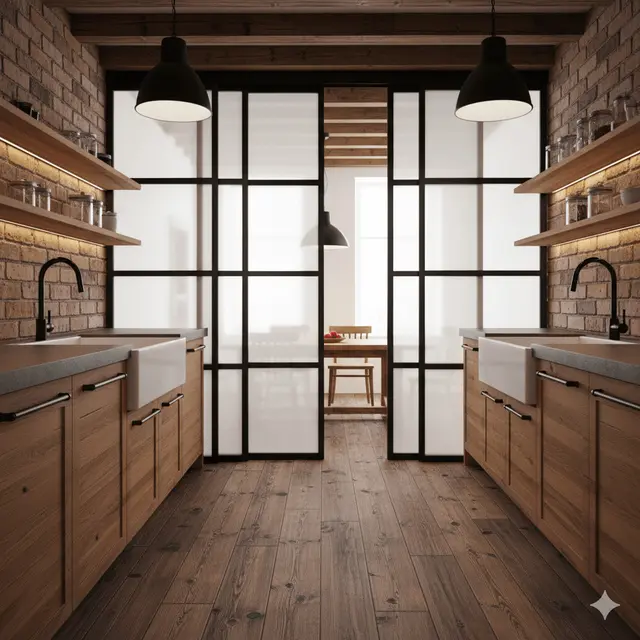 Desain Dapur Rumah Type 36 Ukuran 2x2 Meter dengan Partisi Kaca Geser ke Ruang Makan