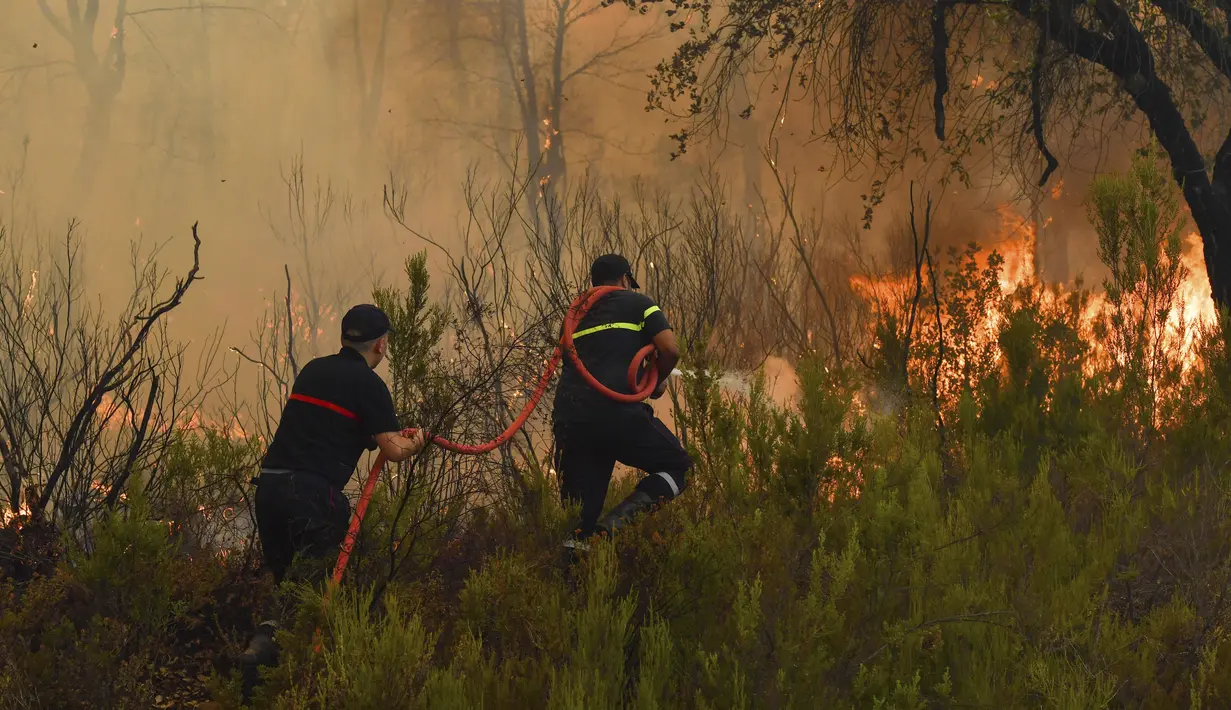<p>Petugas pemadam kebakaran berusaha memadamkan kebakaran hutan yang disebabkan suhu ekstrem di Larache, Maroko utara, Jumat (15/7/2022). Petugas pemadam kebakaran dan militer berjuang untuk menahan beberapa kebakaran hutan di Maroko utara, ketika ratusan warga mengungsi dari rumah mereka karena kobaran api yang melanda petak besar hutan pinus. (AP Photo)</p>