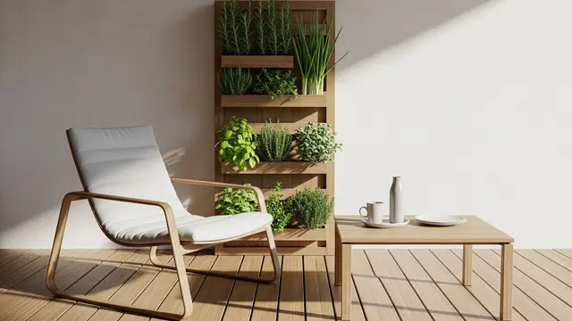 Teras Minimalis dengan Dek Kayu dan Rak Herbal