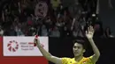 Tunggal putra Indonesia, Jonatan Christie, merayakan kemenangan atas tunggal India pada Indonesia Masters 2019 di Istora Senayan, Jakarta, Jumat (25/1). Jonatan lolos ke semifinal. (Bola.com/Yoppy Renato)