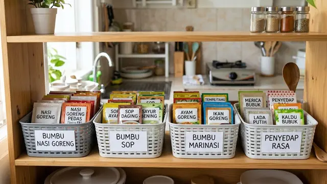 Ide menata bumbu sachet agar mudah dicari dan tidak bikin dapur berantakan model gunakan keranjang untuk mengelompokkan bumbu