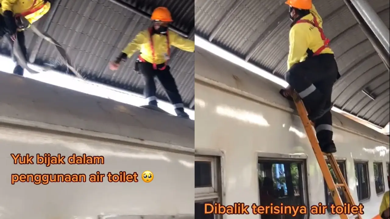 Petugas PT KAI mengisi air toilet