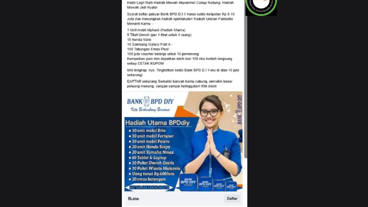 Cek Fakta Liputan6.com mendapati klaim link pendaftaran undian berhadiah Bank BPD DIY.