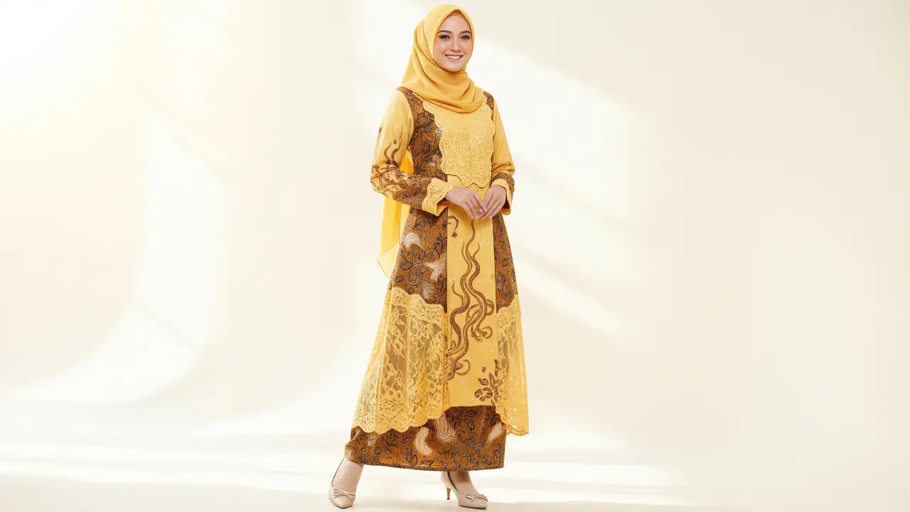 Model Gamis Batik Brokat Soft Yellow Terbaru untuk Ramadan 2026