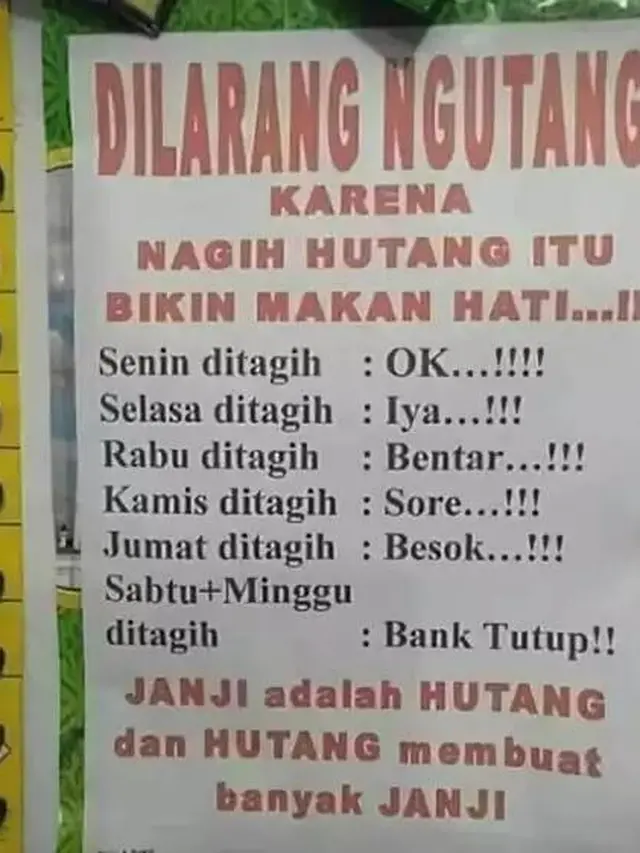 10 Tulisan Nyeleneh di Warung Sindir Orang Utang Ini Bikin Ketawa