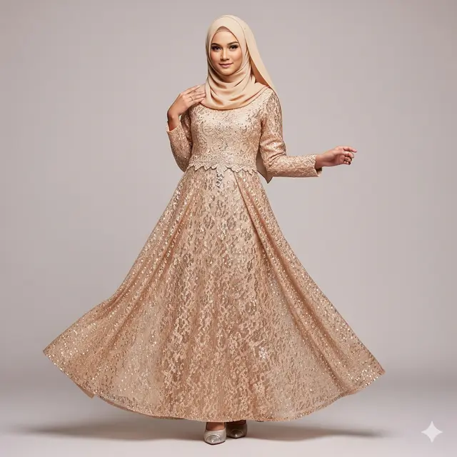 Gamis Pesta Kombinasi Brokat Full Payet. (via Gemini)