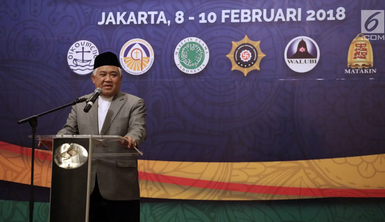 UKP-DKAP Din Syamsuddin saat memberikan sambutan dalam Musyawarah Besar Pemuka Agama untuk Kerukunan Bangsa di Jakarta, Kamis (8/2). Ada tujuh isu keagamaan yang akan dibahas dalam musyawarah pemuka agama kali ini. (Liputan6.com/Arya Manggala)