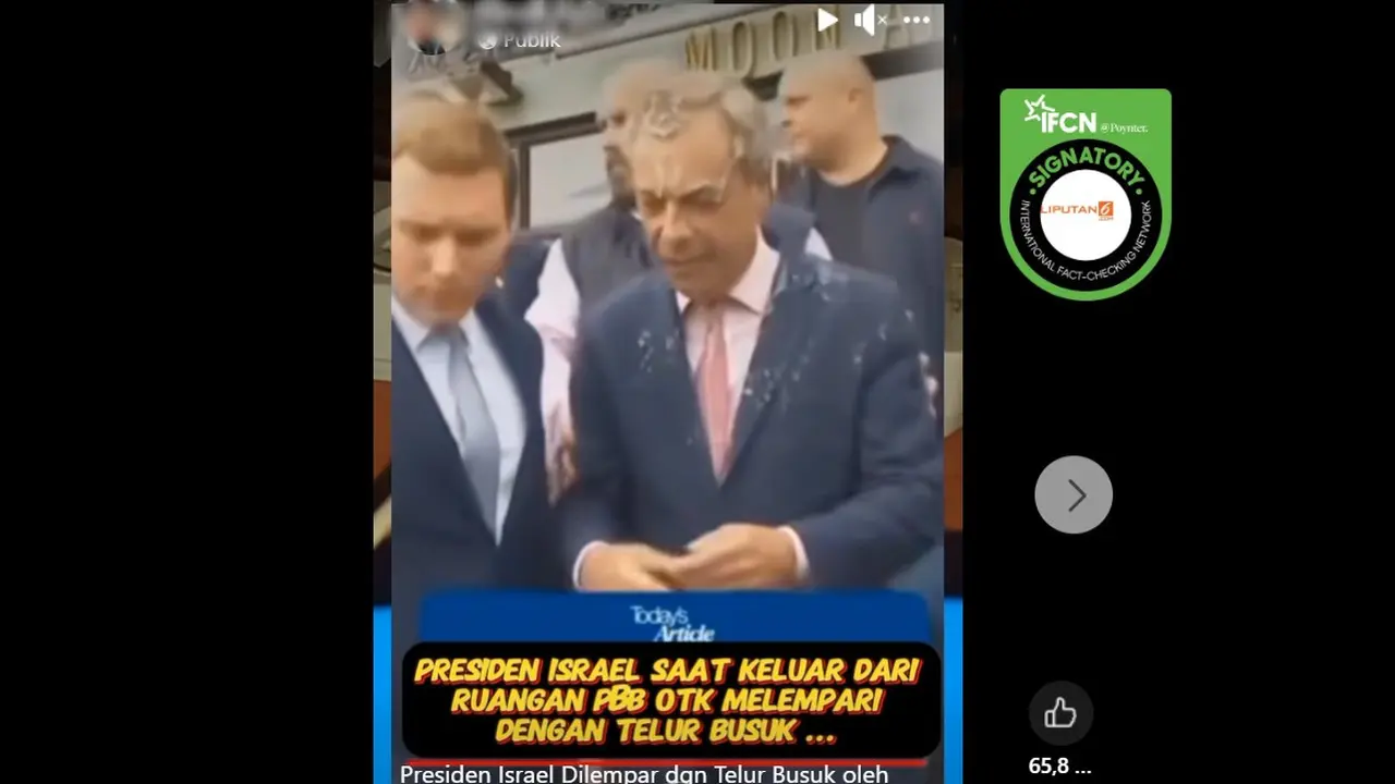 Tangkapan layar klaim video yang menyebutkan Presiden Israel dilempar telur busuk di media sosial Facebook.