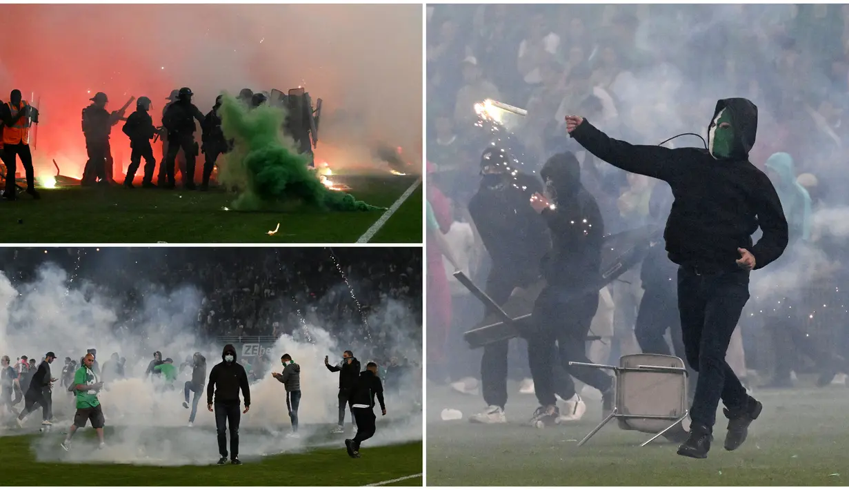 Suporter Saint-Etienne tak mampu membendung amarah usai tim kesayangannya dipastikan terdegradasi dari kasta tertinggi Liga Prancis. Para suporter yang murka tersebut terlihat mengamuk dan menyerang para pemain di lapangan. (Kolase Foto AFP)