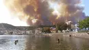Api berkobar di gunung dekat Desa Limni, Pulau Evia, sekitar 160 kilometer (100 mil) utara Athena, Yunani, Selasa (3/8/2021). Gelombang panas membebani pasokan listrik nasional dan memicu kebakaran hutan dekat Athena dan di tempat lain di selatan Yunani. (AP Photo/Michael Pappas)