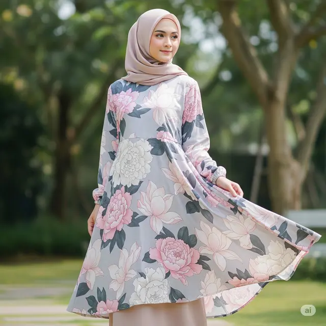 Gamis Rayon Motif Peony Pastel