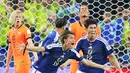 Pemain Jepang merayakan gol ke gawang Belanda dalam laga pertama Grup F Piala Dunia 2026. Bermain di Dallas Stadium, Senin (15/6/2026) dini hari WIB. (AP Photo/Julio Cortez)
