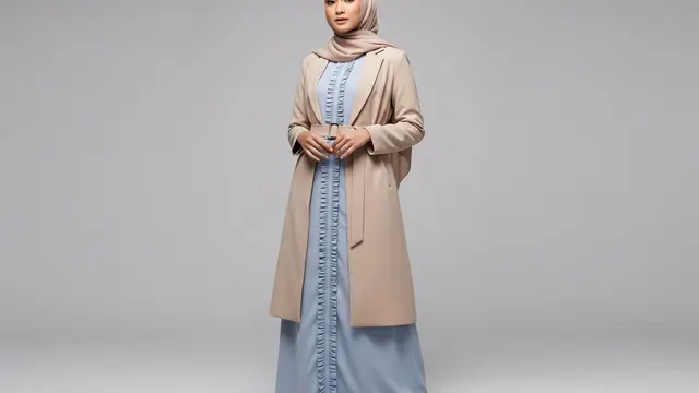 Gamis Ruffle Vertikal dengan Blazer Panjang Berbelt