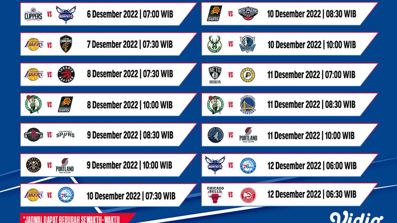 Jadwal dan Live Streaming NBA Week 8 di Vidio, 6-12 Desember 2022